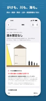 「がけも、川も、海も。」洪水・高潮・津波・土砂・家屋倒壊を1枚に。職場（神奈川県鎌倉市長谷）のカルテで「浸水想定なし」。ただし「『安全』という意味ではありません」と添えられ、断面図の家の横に土砂災害の警戒区域が黄色で描かれている。「その場を離れる避難が必要です 土砂災害警戒区域（急傾斜地の崩壊）に入っています」