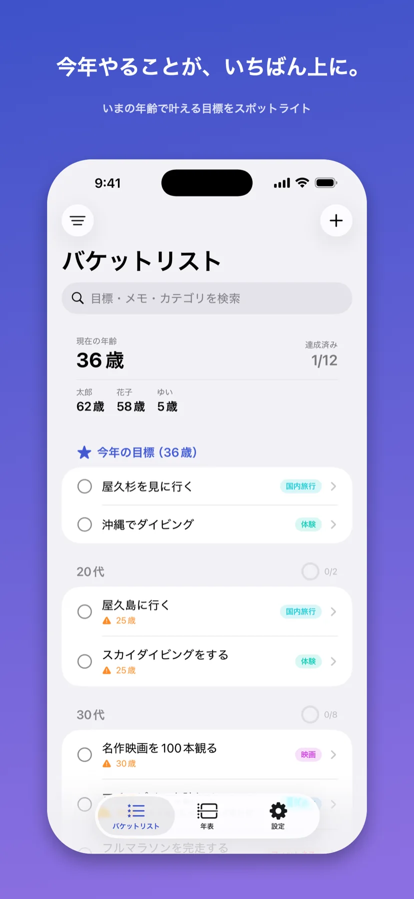 今年の目標と家族の現在の年齢が並ぶホーム画面