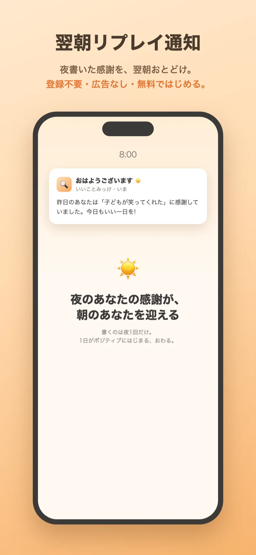 夜書いた感謝を翌朝届ける翌朝リプレイ通知