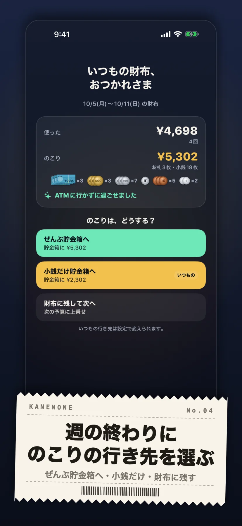 「週の終わりにのこりの行き先を選ぶ」ぜんぶ貯金箱へ・小銭だけ・財布に残す。しめの画面「いつもの財布、おつかれさま」で、10/5(月)〜10/11(日)に使った¥4,698(4回)・のこり¥5,302(お札3枚・小銭18枚)と「ATMに行かずに過ごせました」。のこりの行き先を「ぜんぶ貯金箱へ ¥5,302」「小銭だけ貯金箱へ ¥2,302」「財布に残して次へ」から選ぶ