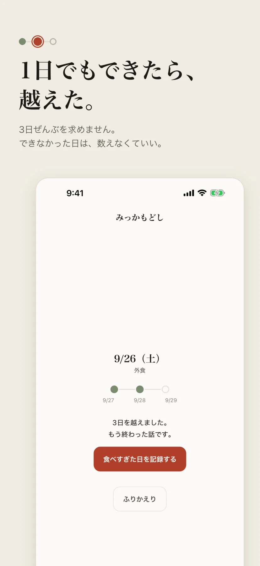 「1日でもできたら、越えた。」3日ぜんぶを求めず、できなかった日は数えなくていい。9/26（土）外食の画面で、3つの点のうち2つが灯り「3日を越えました。もう終わった話です。」と出ている