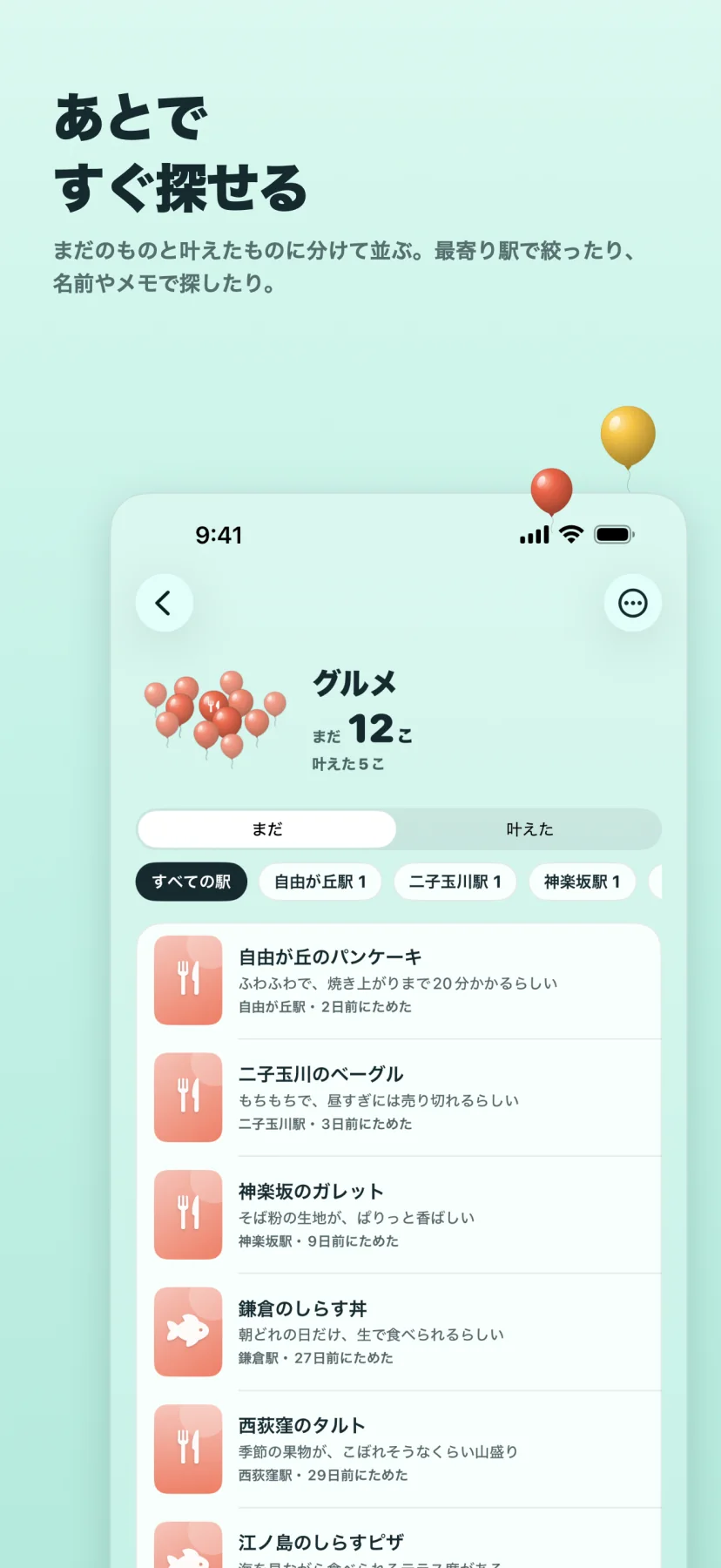 「あとですぐ探せる」まだのものと叶えたものに分けて並ぶ。最寄り駅で絞ったり、名前やメモで探したり。グルメの一覧で「まだ12こ・叶えた5こ」。まだ/叶えたの切り替えと、すべての駅・自由が丘駅1・二子玉川駅1・神楽坂駅1の札。自由が丘のパンケーキ(自由が丘駅・2日前にためた)、二子玉川のベーグル、神楽坂のガレット、鎌倉のしらす丼、西荻窪のタルトがメモつきで並ぶ