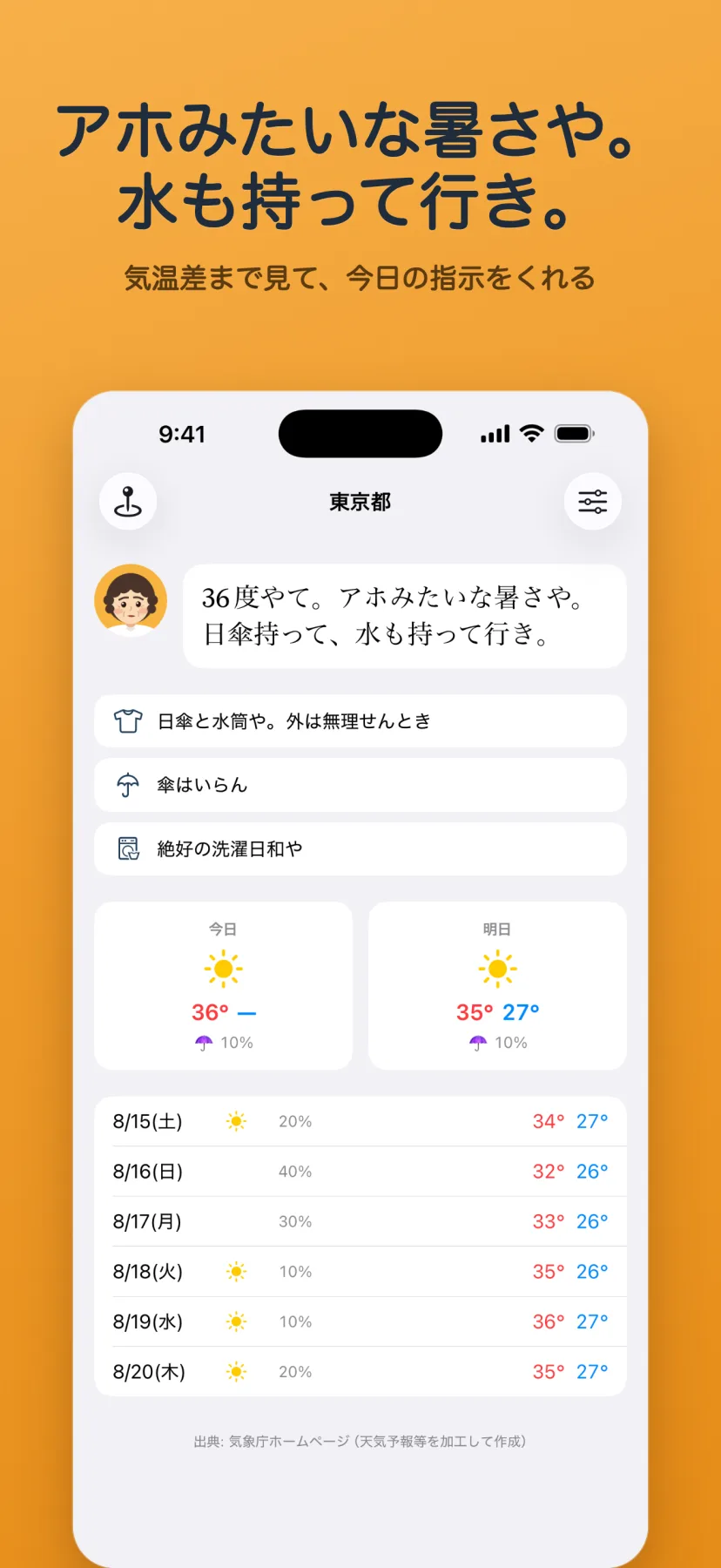 「アホみたいな暑さや。水も持って行き。」東京都の猛暑の画面。おかんが「36度やて。アホみたいな暑さや。日傘持って、水も持って行き。」と言い、日傘と水筒や/傘はいらん/絶好の洗濯日和や、と指示。今日36度・晴れ・降水10%