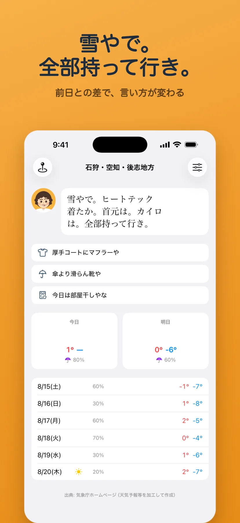 「雪やで。全部持って行き。」石狩・空知・後志地方の雪の画面。おかんが「雪やで。ヒートテック着たか。首元は。カイロは。全部持って行き。」と言い、厚手コートにマフラーや/傘より滑らん靴や/今日は部屋干しやな、と指示。今日1度・雪・降水80%