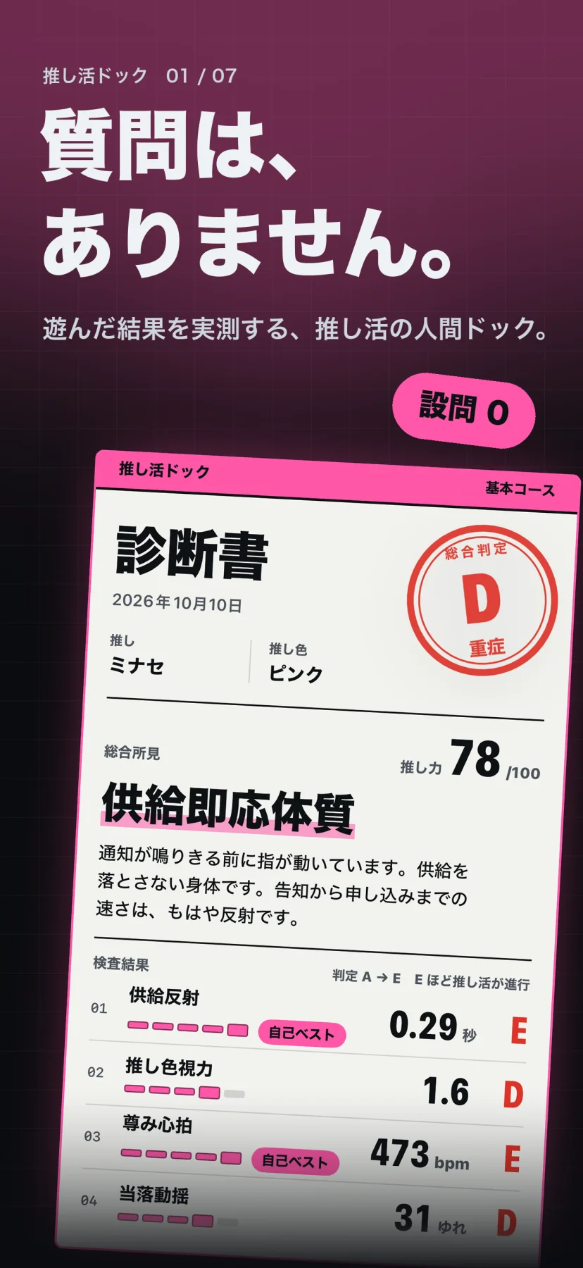 「質問は、ありません。」遊んだ結果を実測する、推し活の人間ドック。「設問0」の札と診断書。推し ミナセ・推し色ピンク、総合判定D(重症)の朱の印、総合所見「供給即応体質」、推し力78/100。検査結果に供給反射0.29秒E・推し色視力1.6 D・尊み心拍473bpm E・当落動揺31 D が並ぶ