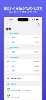 誰が誰にいくら払うかを示す精算画面