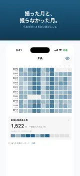 「撮った月と、撮らなかった月。」写真を隠すと枚数の濃淡になる。同じ年表が青の濃淡のマスに変わり、たくさん撮った月ほど濃く、撮らなかった月は白く抜けている