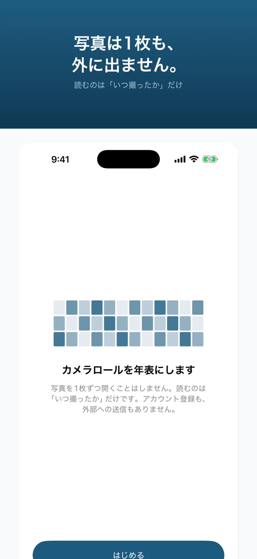 「写真は1枚も、外に出ません。」読むのは「いつ撮ったか」だけ。はじめの画面で「カメラロールを年表にします。写真を1枚ずつ開くことはしません。読むのは『いつ撮ったか』だけです。アカウント登録も、外部への送信もありません。」と書かれ、下に「はじめる」ボタン