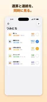 通算日数と連続日数が並ぶ習慣一覧のホーム画面