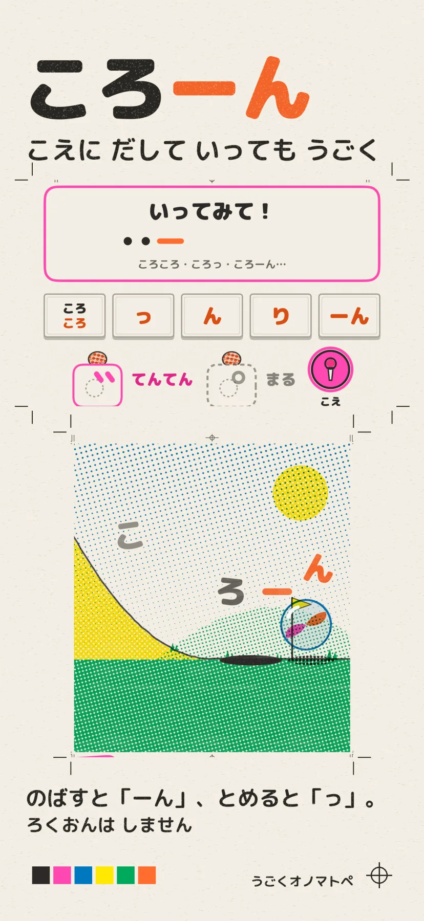 「ころーん」こえにだしていってもうごく。「いってみて!」の枠と、おわりを選ぶボタン(ころころ・っ・ん・り・ーん)、てんてん・まる・こえのボタン。坂をビー玉が遠くまで転がり、通り道に「こ・ろ・ー・ん」の字が刷られている。のばすと「ーん」、とめると「っ」。ろくおんはしません