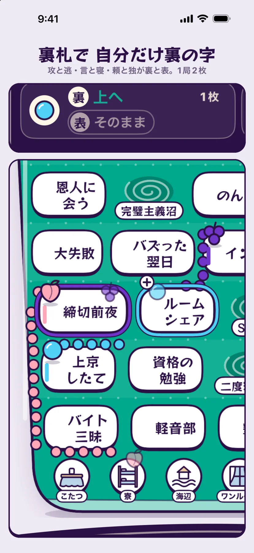 「裏札で自分だけ裏の字」攻と逃・言と寝・頼と独が裏と表。1局2枚。ラムネの行に「裏 上へ」「表 そのまま」と残り1枚。盤を大きく寄せた図で、上京したてのラムネからルームシェアへ新しい道が伸び、締切前夜のももからは、ふりだしの寮へ戻る道が伸びている