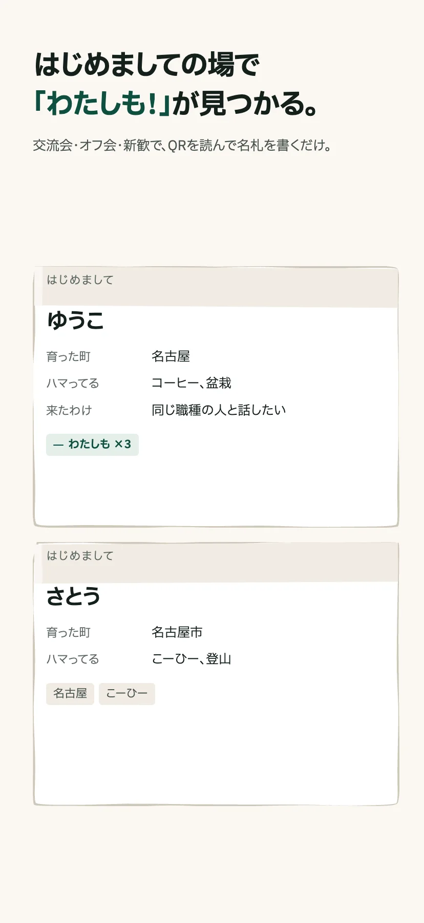 「はじめましての場で『わたしも!』が見つかる。」生成りの地に、白い名札が2枚。上は「ゆうこ」で育った町は名古屋、ハマってるのはコーヒーと盆栽、来たわけは同じ職種の人と話したい。深緑の「わたしも ×3」の印が付いている。下は「さとう」で名古屋市・こーひー・登山、共通点として名古屋とこーひーの印